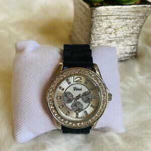 Vivani Women's Black Silicone Strap Watch with Rhinestone Bezel